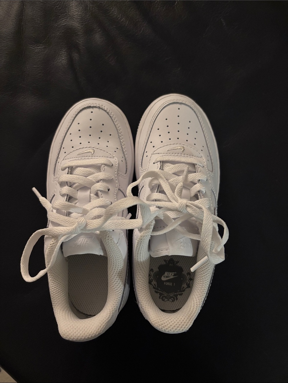 Nike Kids White Leather Sneakers with Laces Air Force one-size 12 kids.